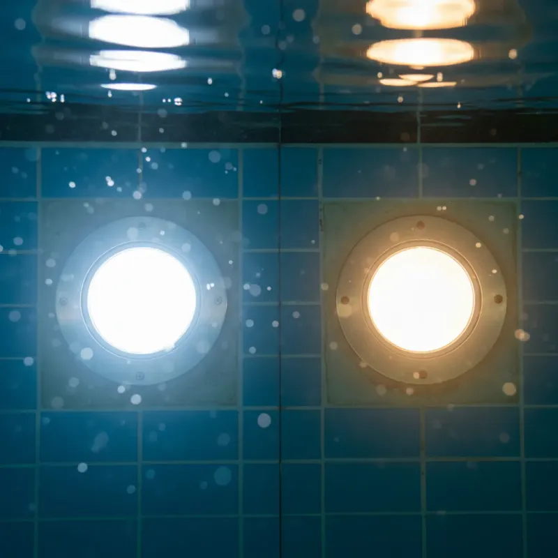 Side-by-side comparison of LED and halogen pool light fixtures in wall niches
