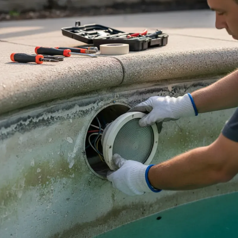 Pool electrician removing a pool light fixture from its wall niche for repair