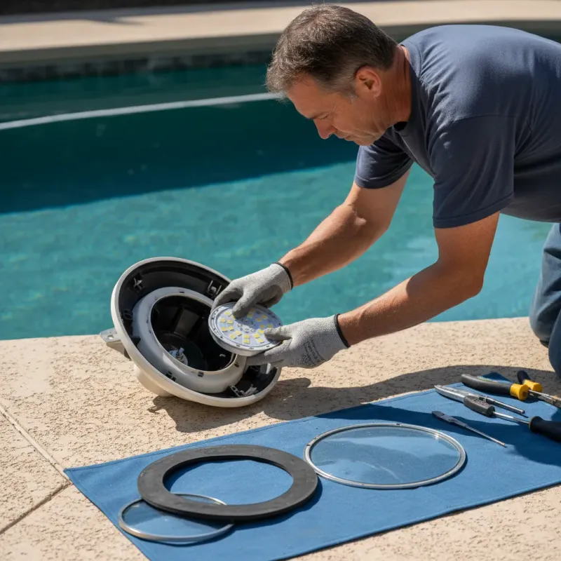 Pool electrician replacing the LED module in a pool light fixture on the deck