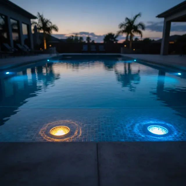 Pool at dusk with one underwater light flickering while others glow steadily