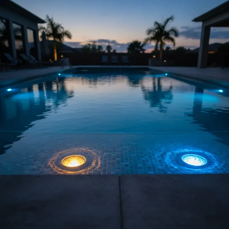 Pool at dusk with one underwater light flickering while others glow steadily
