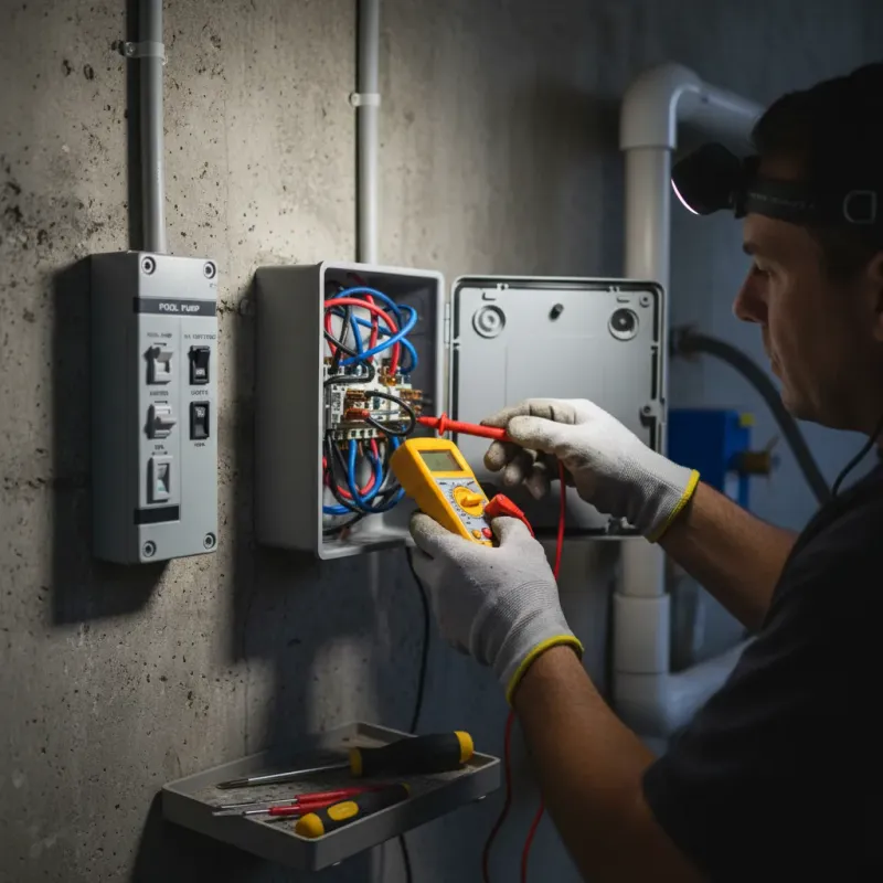 Pool light transformer and GFCI panel with technician using a voltage tester