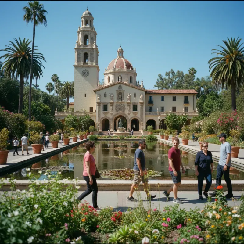 Spanish Colonial Revival architecture of Balboa Park in San Diego with gardens