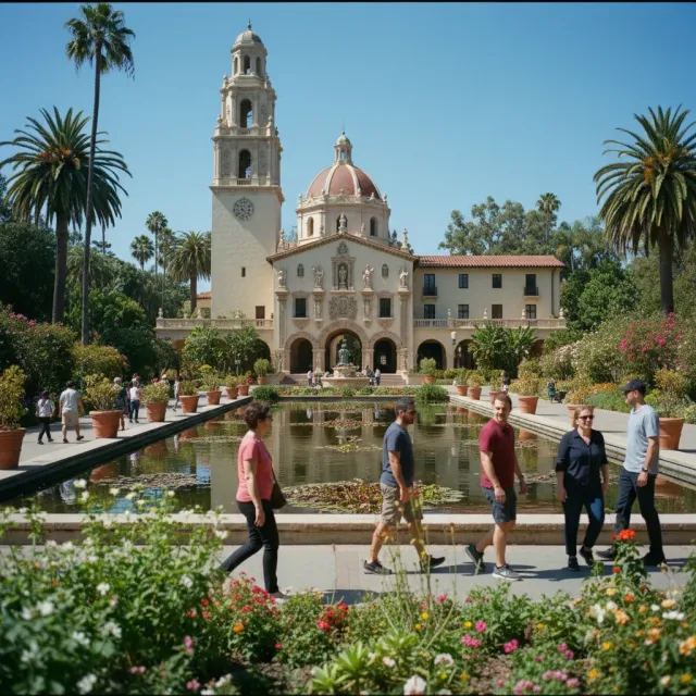 Spanish Colonial Revival architecture of Balboa Park in San Diego with gardens
