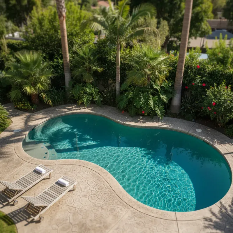 Overhead view of a modern in-ground swimming pool in a San Diego backyard