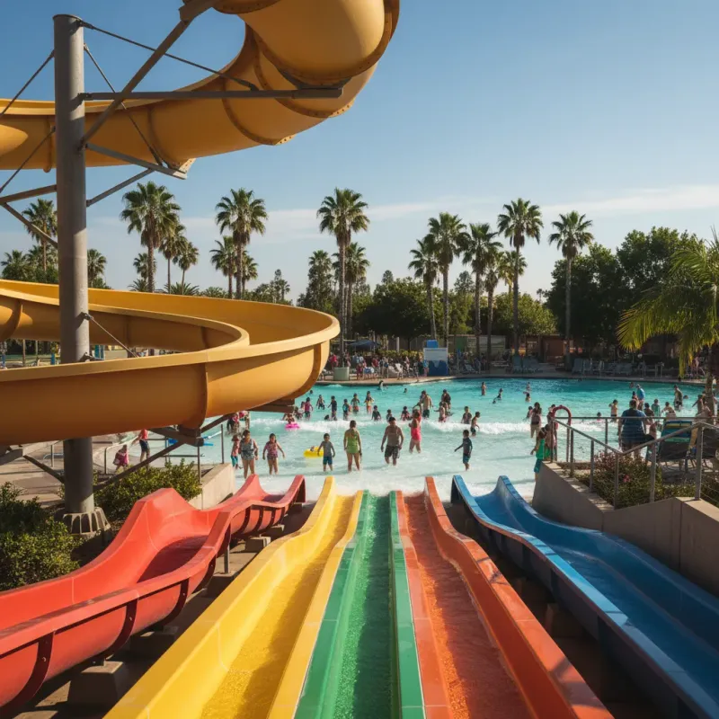 Colorful water park slides and splash pool with families enjoying a sunny day