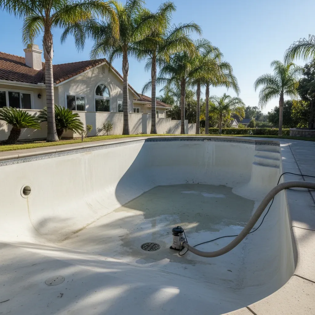 Drained backyard pool with submersible pump and discharge hose on the floor near the main drain, palm trees behind