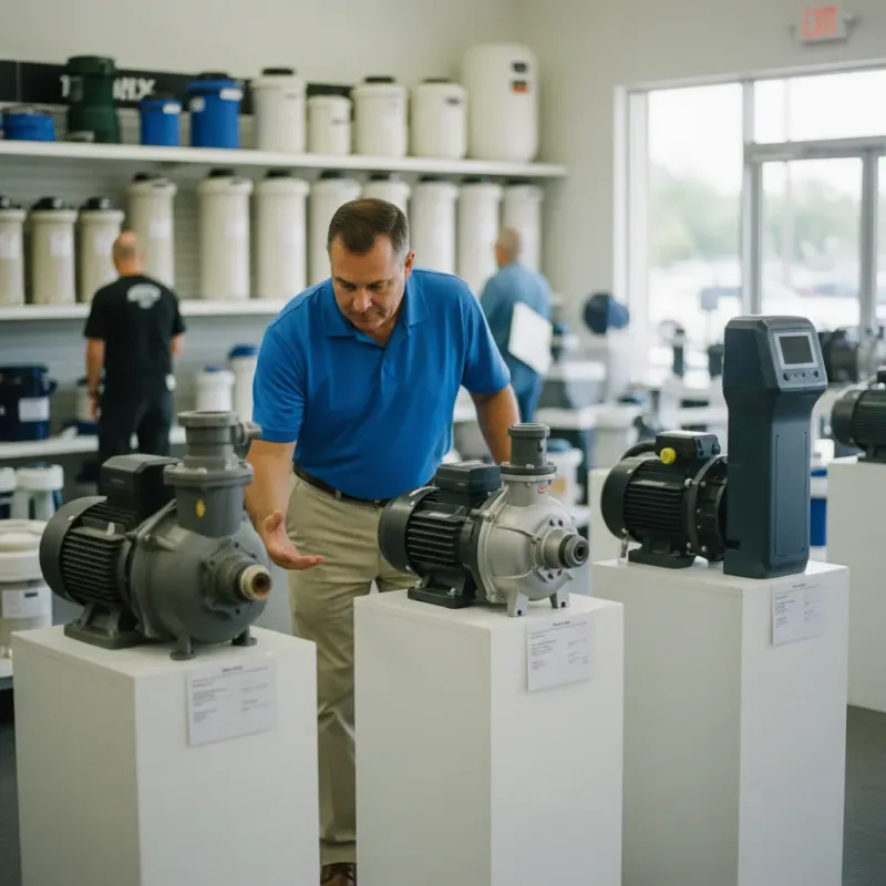 Pool equipment showroom with single, dual, and variable speed pumps on display
