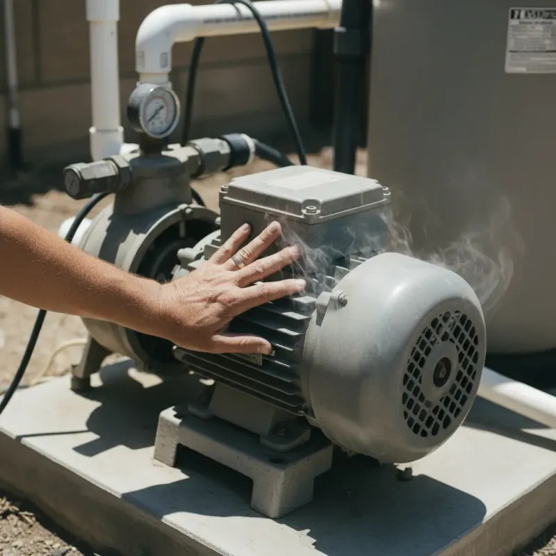 Pool pump with hot motor housing showing heat distortion on equipment pad
