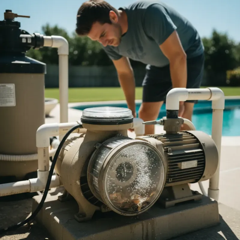 Homeowner checking pool pump strainer basket showing air bubbles indicating a leak