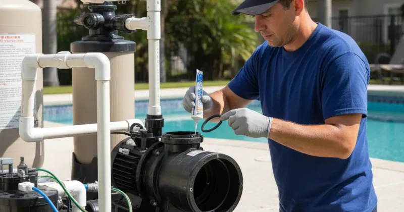 Close-up of pool pump motor maintenance with shaft seal area being lubricated