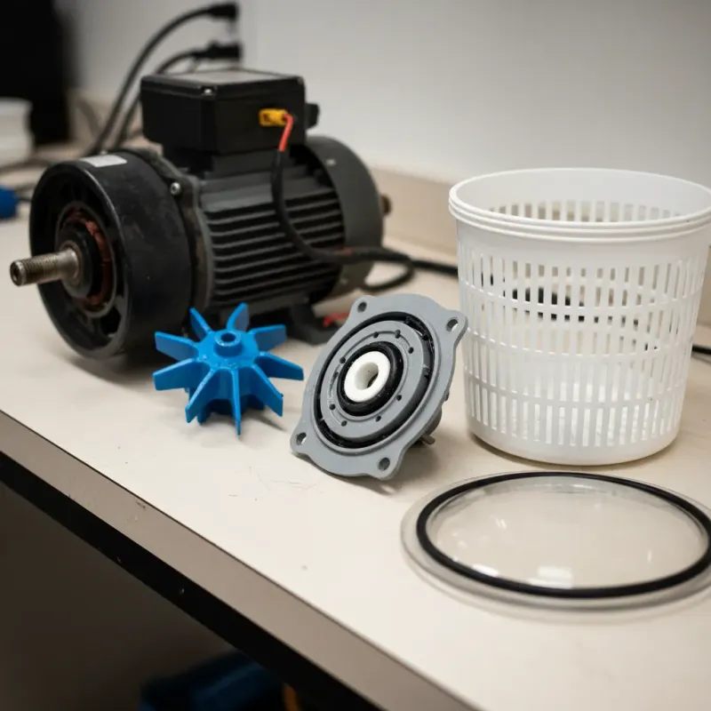 Exploded view of pool pump components: motor, impeller, seal, basket laid out