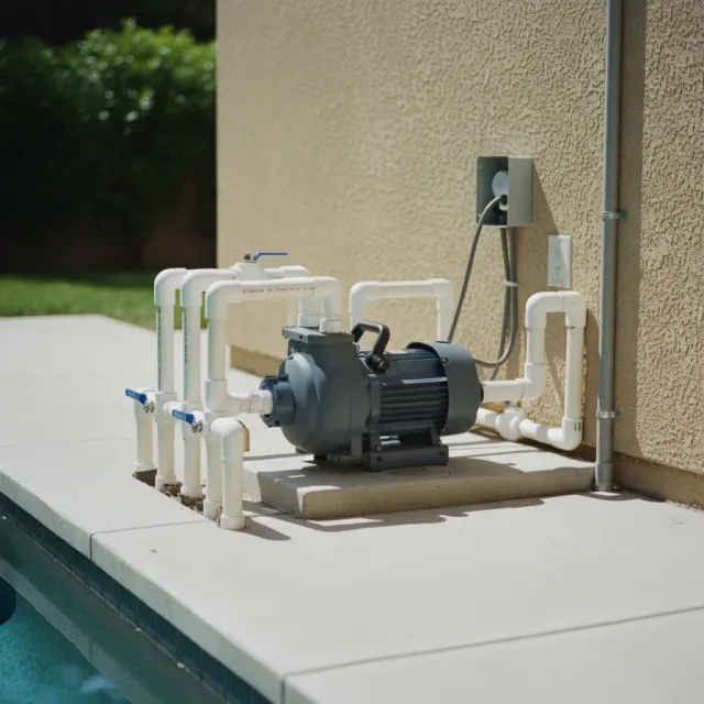 Newly installed variable speed pool pump with pristine PVC plumbing on equipment pad