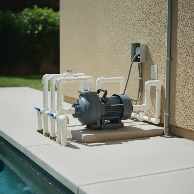 Newly installed variable speed pool pump with pristine PVC plumbing on equipment pad
