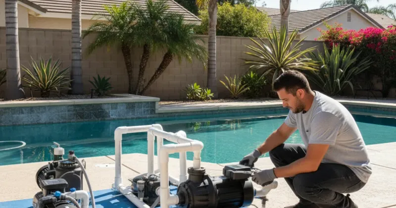 Pool technician measuring and marking PVC pipe for a new pump installation