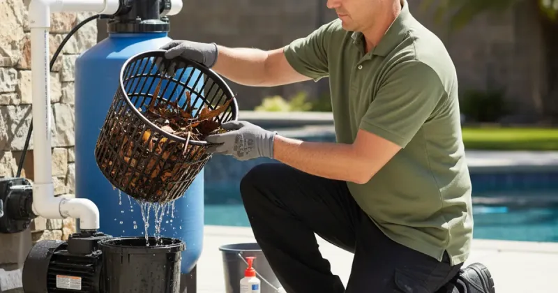 Pool technician maintaining a variable speed pump with lid removed on equipment pad