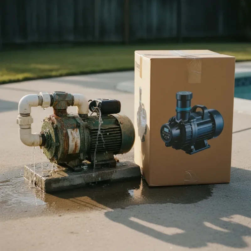 Old worn pump with corrosion next to a new energy-efficient variable speed pump