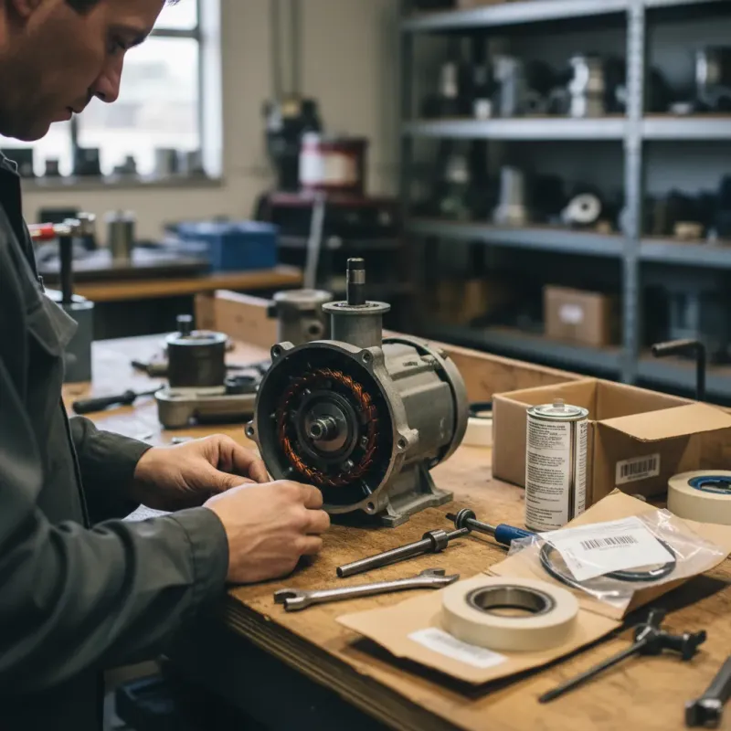 Pump repair technician rebuilding a pool pump motor on a workbench
