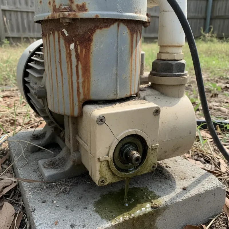 Pool pump with rust stains, cracked housing, and discolored water seeping out