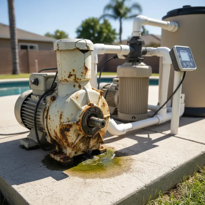 Very old corroded single-speed pool pump clearly past its useful life