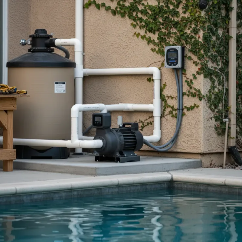 Professional pump installation with modern variable speed pump and clean plumbing