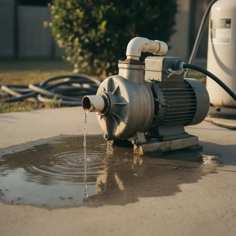 Pool pump with visible water leak pooling underneath on the equipment pad