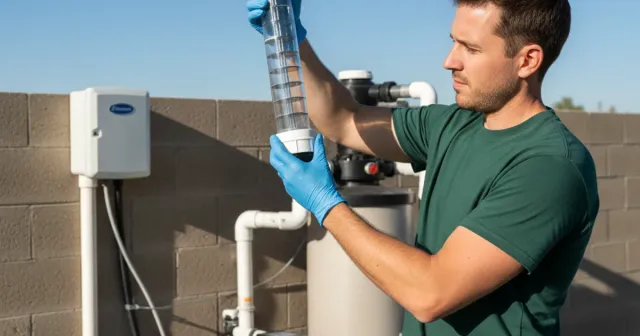 Pool technician servicing a complete saltwater system with pool in the background