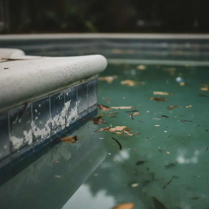 Swimming pool with cloudy greenish water and calcium scale at the waterline