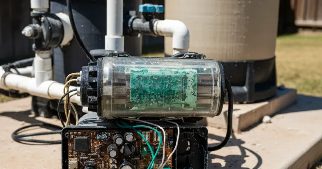 Corroded saltwater chlorinator cell with exposed circuit board on a pool equipment pad