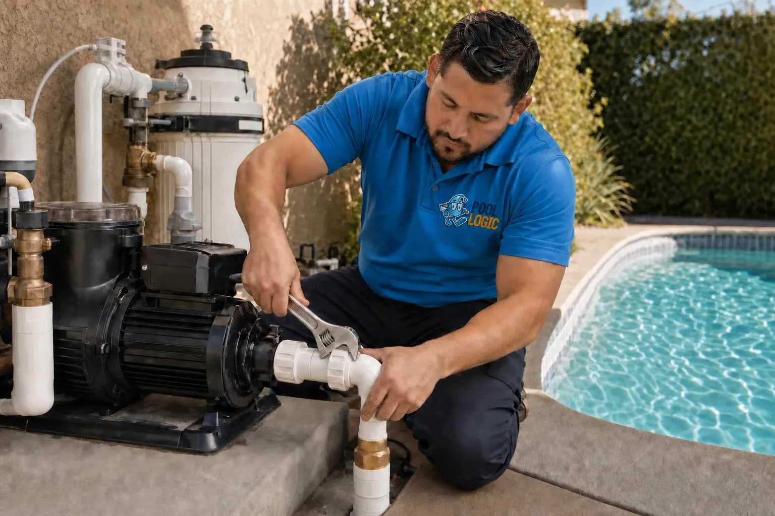 PoolLogic technician servicing a variable-speed pool pump at a San Diego equipment pad