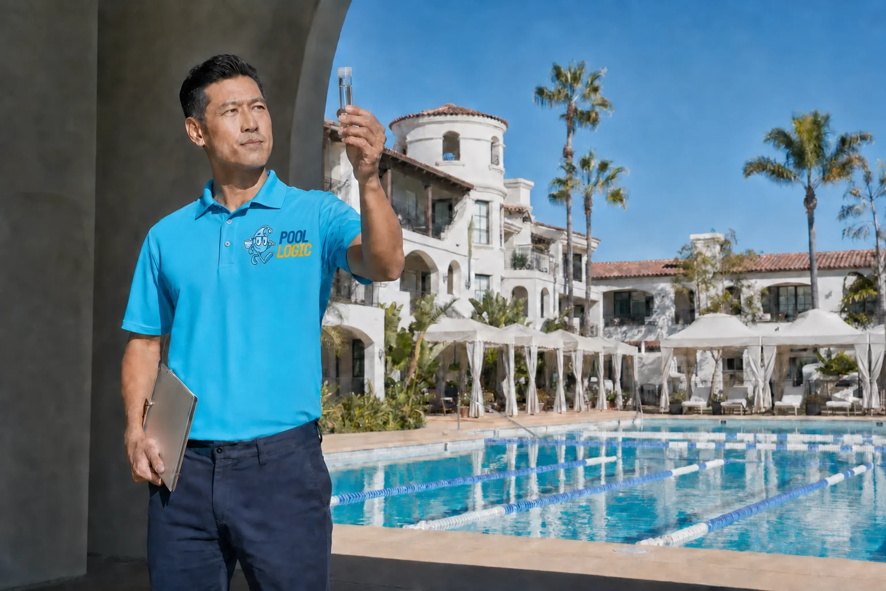 PoolLogic technician water-testing a San Diego resort commercial pool