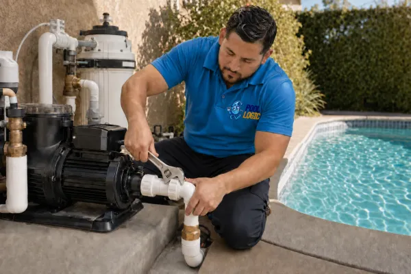 PoolLogic technician with pool pump and filter equipment