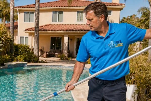 PoolLogic technician skimming leaves from pool