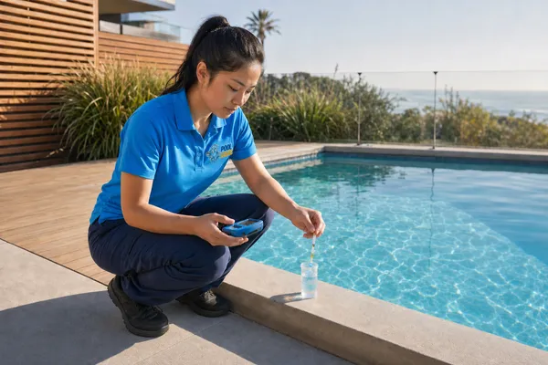 PoolLogic technician testing pool water chemistry