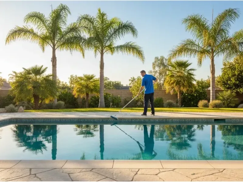 Pool technician treating algae in residential pool