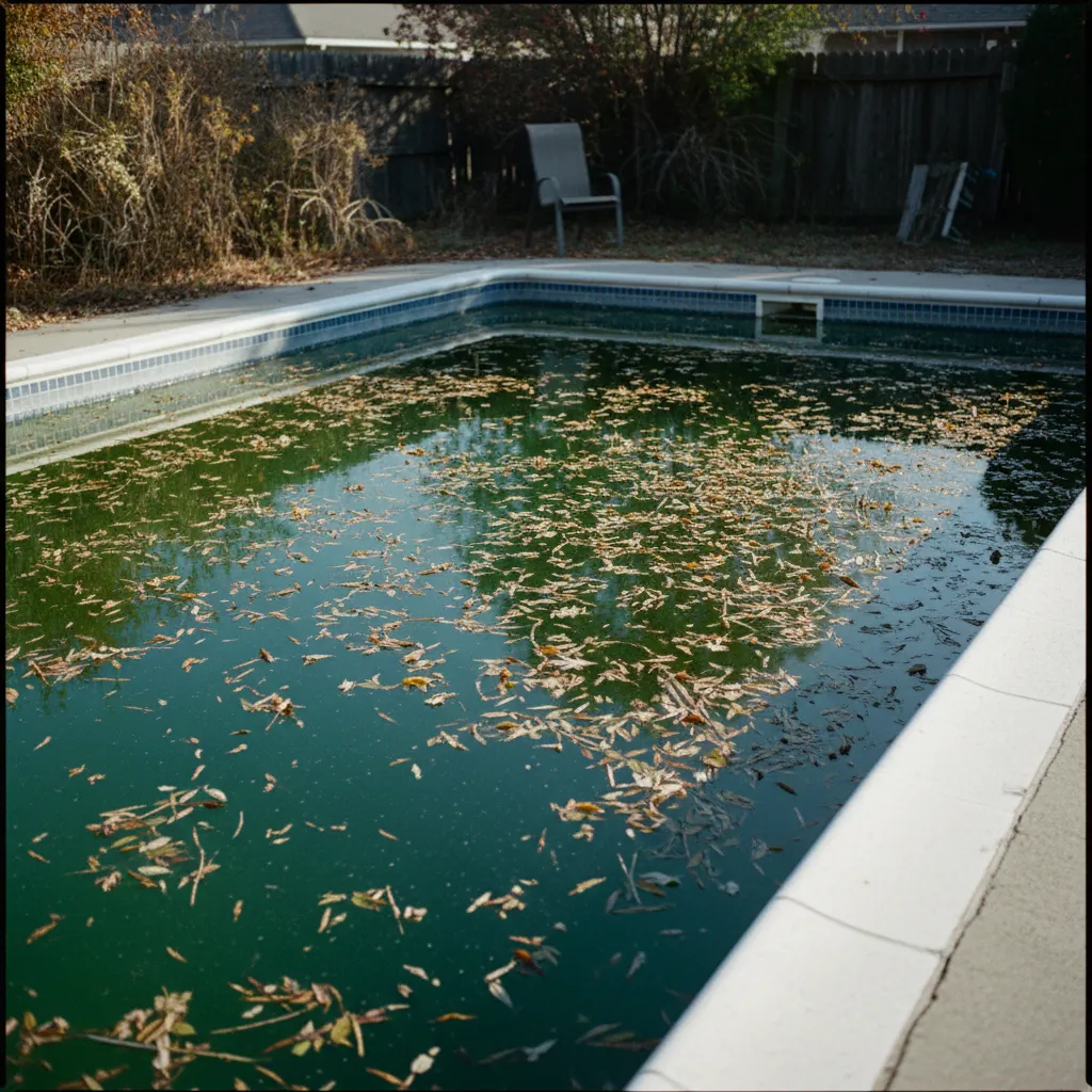 Neglected kidney-shaped backyard pool with murky green water, blue tile band, rock feature, agave plants, and inflatable float on deck.