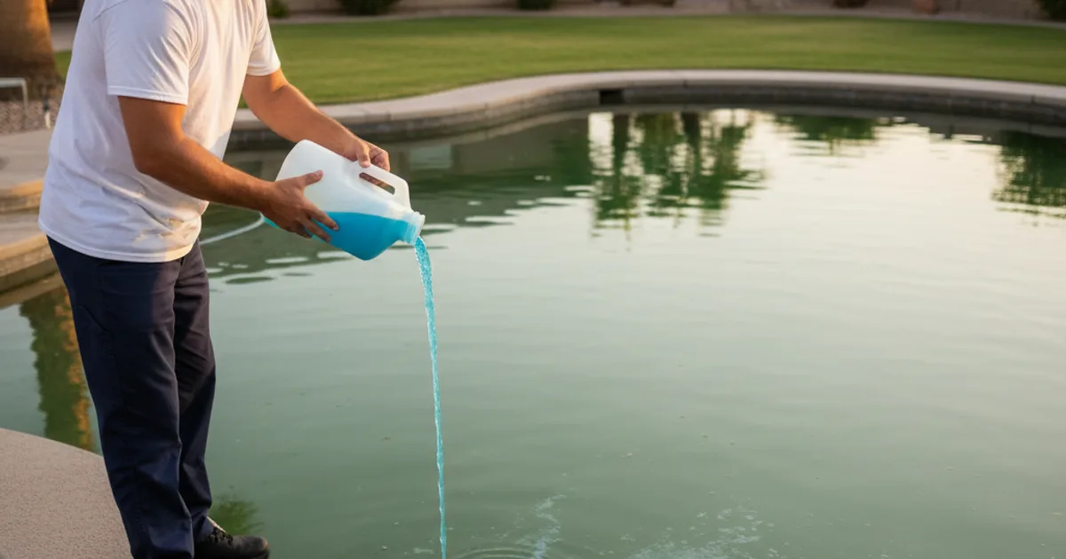 Person in white t-shirt pouring blue liquid from a white jug into a greenish backyard pool