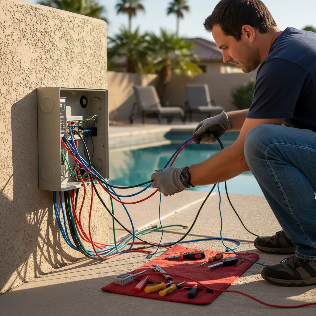 Pool automation technician installing a smart controller panel on an equipment pad