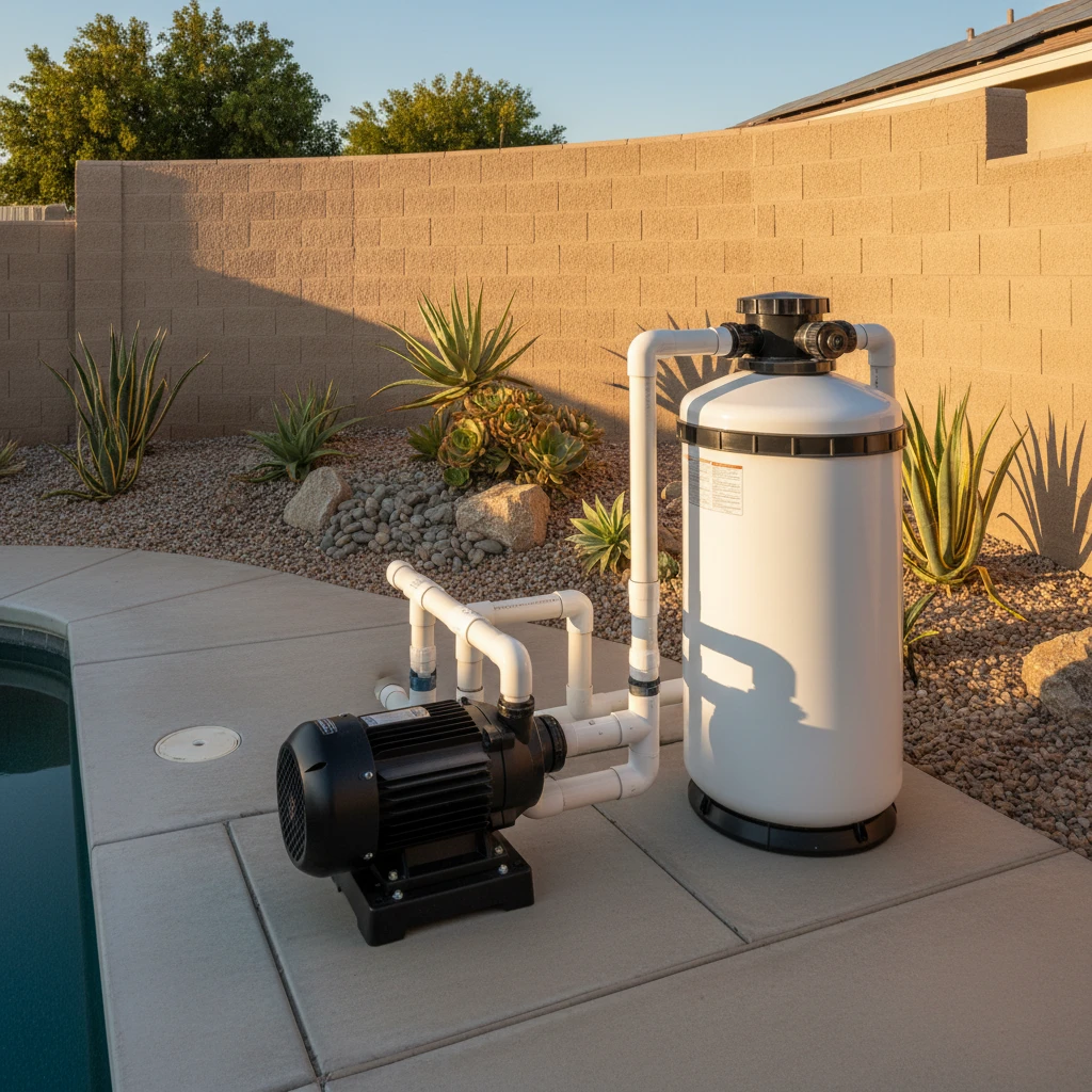 Black pool pump and white filter tank connected by white pipes on concrete deck beside pool, desert landscaping behind