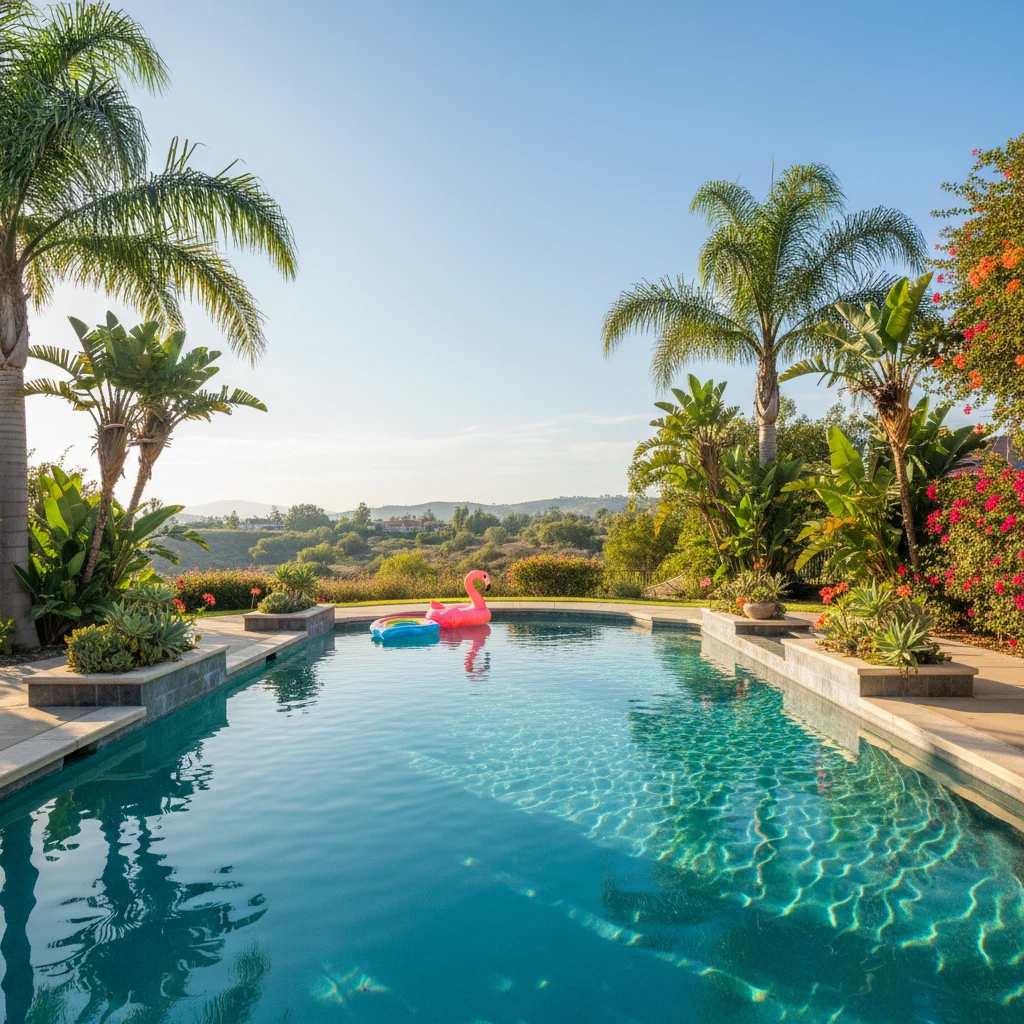 Clear turquoise backyard pool with pink flamingo float and rainbow ring, surrounded by palms, flowers, and hillside view